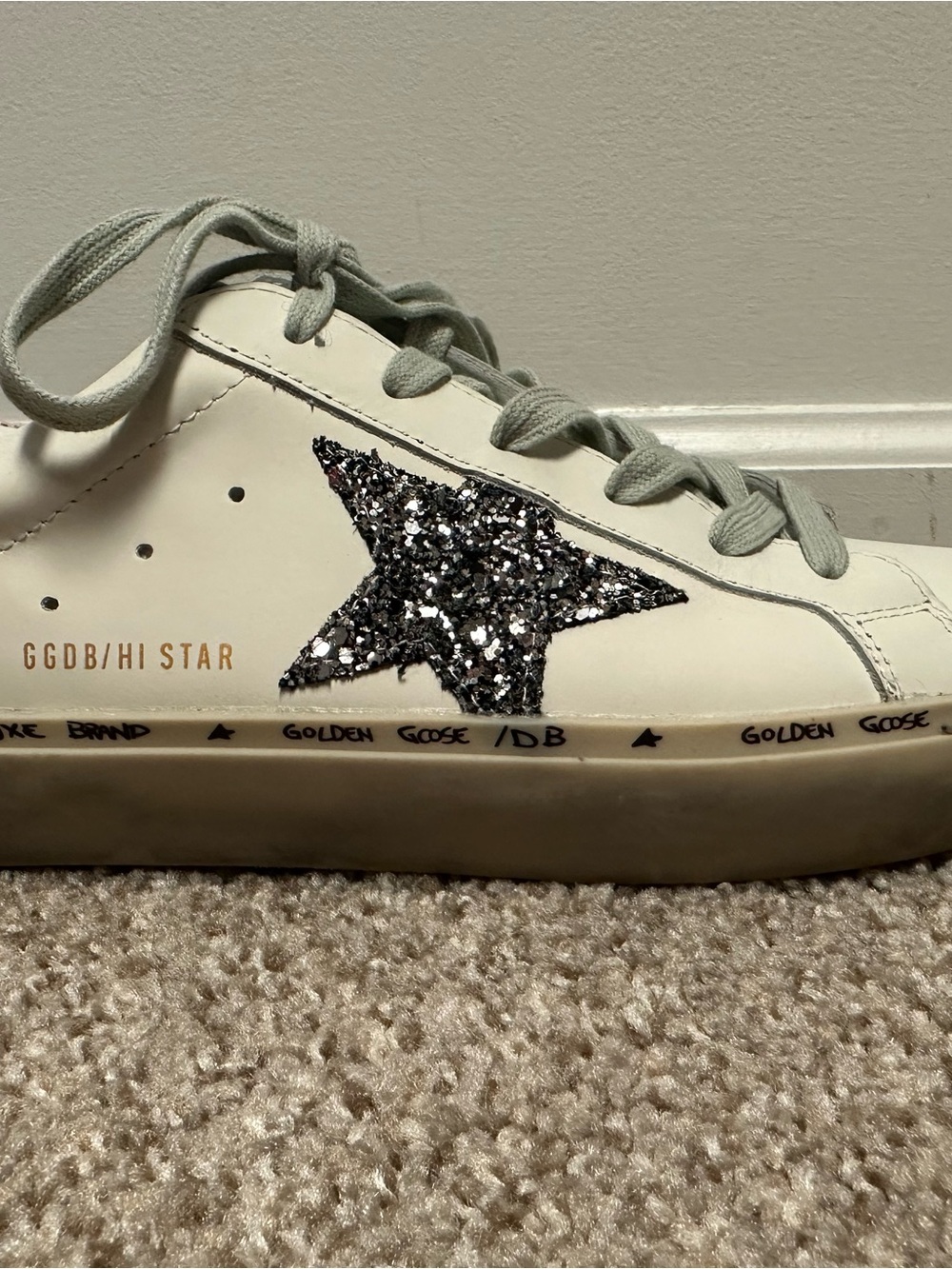 Golden Goose White Leather Sneaker with Silver Glitter Star - Picture 2 of 7